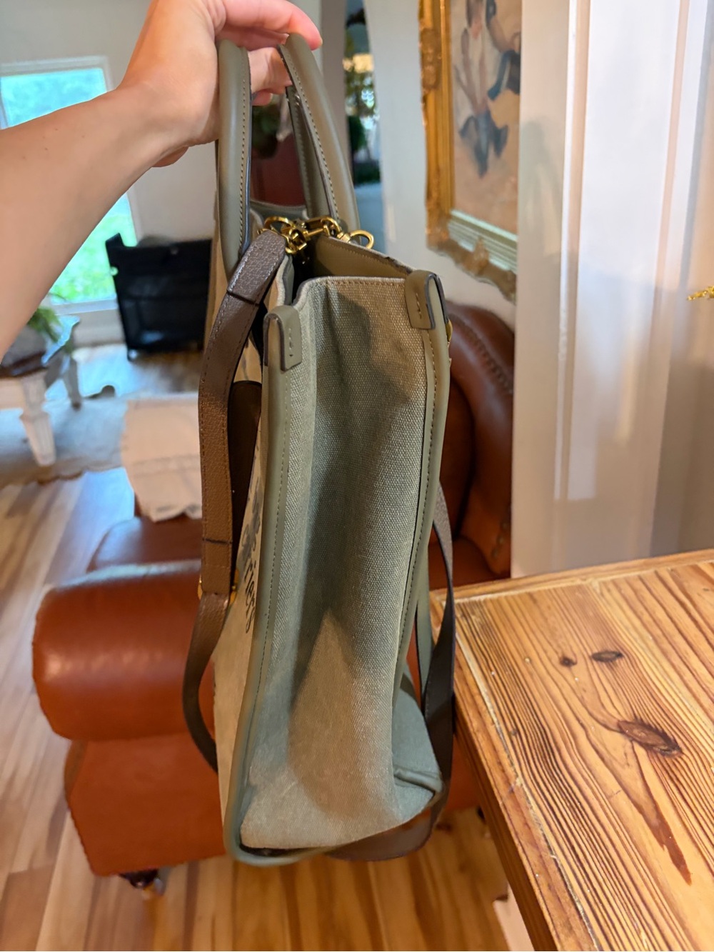 Gucci Olive Green Canvas Logo Tote with Brown Strap - Picture 3 of 5
